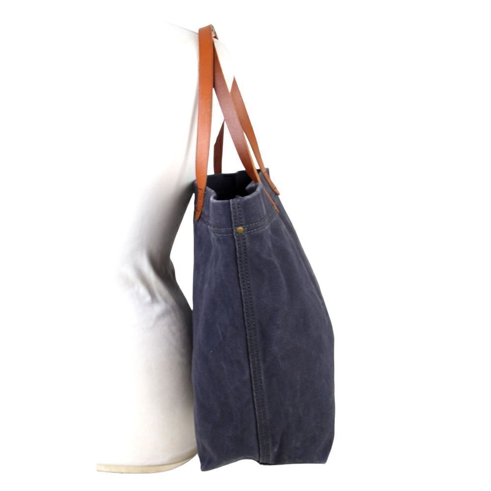 LARGE Madewell DARK BLUE COTTON BROWN LEATHER HANDLES SHOULDER BAG TOTE HANDBAG - Picture 2 of 12